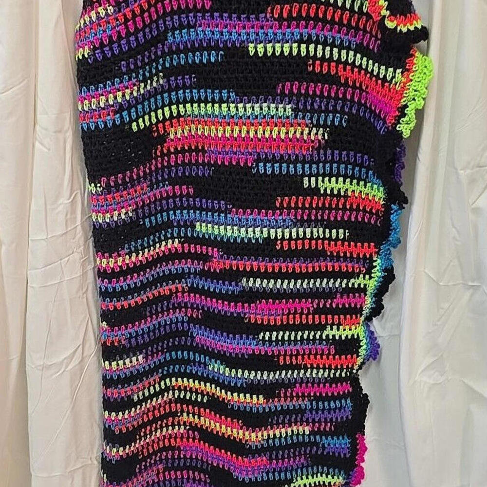 Handmade Afghan Neon Stripe Boho 80's Crochet Blanket, 55" X 49" - Picture 7 of 9